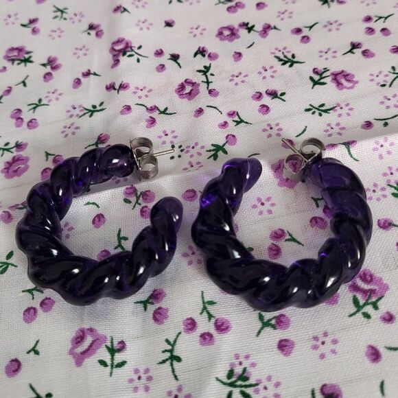 Purple Murano Style Twisted Hoop Earrings in Stainless Steel - Picture 2 of 7